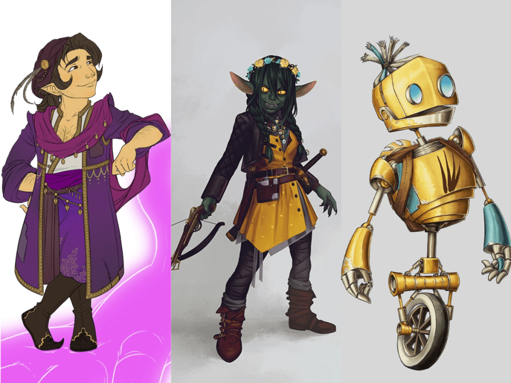 Sam Riegel's characters from Critical Role: Scanlan Shorthalt, Nott the Brave, and Fresh Cut Grass.